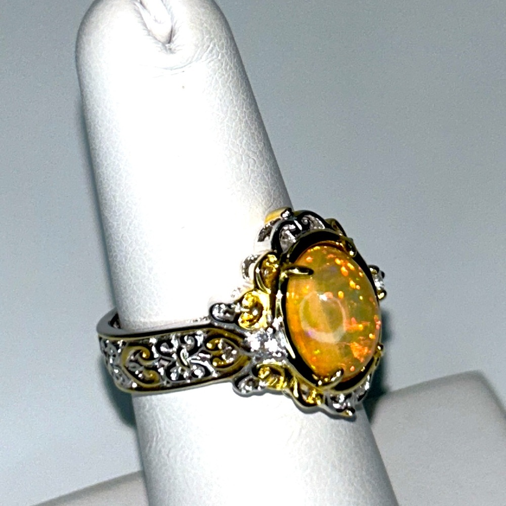 NWOT Gems En Vogue Sterling 18K Ethiopian Opal White Topaz Designer Ring Boho - Picture 2 of 10
